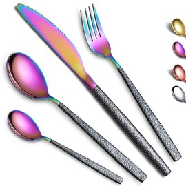 Kyraton Cutlery Set 16 Pieces with Moon Surface Black Handle and Shiny Rainbow Mouth Titanium Coating Stainless Steel Modern Cutlery Set Utensils Set Service for 4