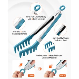 Silicone Spaghetti Spoon & Pasta Tong, Non-Stick Stainless Steel Handle Pasta Fork Set with Teeth, Food Clip for Easy Serving of Noodles (Blue)