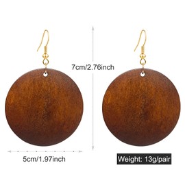 KaFu Dangle Natural Wood Teardrop Geometric Circle Earrings Stainless Steel Stud Bohemia Retro Earrings for Women (Dark Brown-Round)
