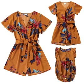 Mommy and Me Dresses Outfits Floral Print Sling Family Matching Belted Jumpsuit Romper V Neck Sleeveless Summer Casual Clothes Suit Set for Mother and Daughter Short Sleeve Ginger Flower 6-9 Months