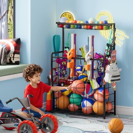 Sports Equipment Organizer, Big Garage Storage Ball Rack with Elastic Straps and 3 Hooks, Outdoor Toy Organizer Stand, Garage organization Storage Rack for Basketball, Football, Soccer, Volleyball