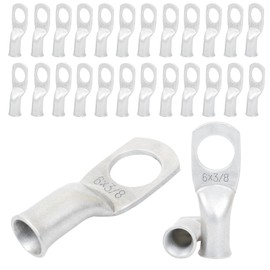 6 AWG 3/8" Stud (25 pcs.), Heavy Duty Tinned Battery Ring Terminal 6 Gauge Wire Connectors 6 Gauge Copper Ring Terminals, Copper Wire Lugs, Bare Copper Eyelets, Tubular Ring Terminal Connectors