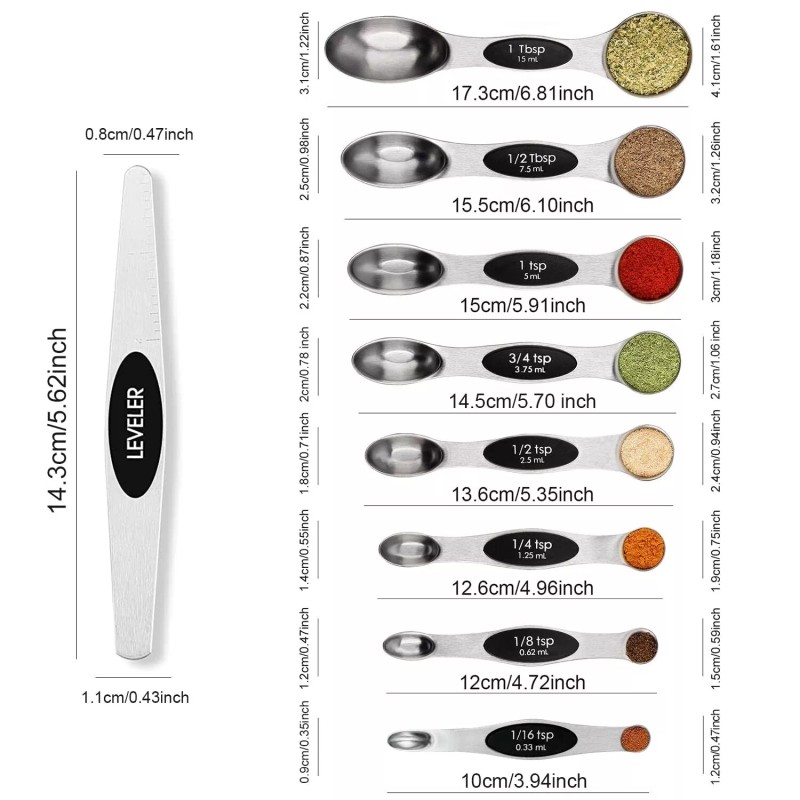 BIDFUL Magnetic Measuring Spoons Set Stainless Steel with Leveler-9pcs Stackable