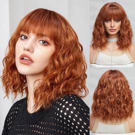 Marshey Curly Bob Wig with Bangs Short Wavy Colorful Wigs for Women, Shoulder Length Natural Looking Synthetic Hair Heat Resistant (Orange, 14 Inch)