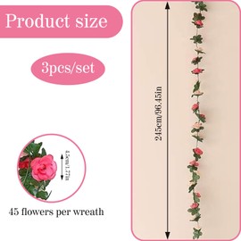 Flower Garland, Pack of 3, Rose Garland, 2.45 Rice Simulated Decorative Roses, Flower Garland, Artificial, Suitable for Everyday Use, Weddings, Party Decorations etc. (Red, Pink)