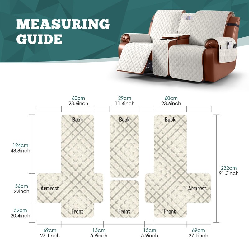 Ruaozz Waterproof Loveseat Recliner Cover with Console Non-Slip Reclining Couch