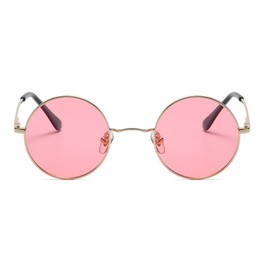 qinqilanqi-S Vintage Runde Sonnenbrille für Damen und Herren, polarisierte Sonnenbrille mit Metallrahmen，Hippie ，UV400 (Gold/Rosa)