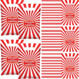 Chivertion 100 Pieces Carnival Plastic Gift Bags Bulk Carnival Treat Bags Red and White Stripe Candy Bags Plastic Merchandise Bags Carnival Party Favors Bags for Carnival Party Decoration