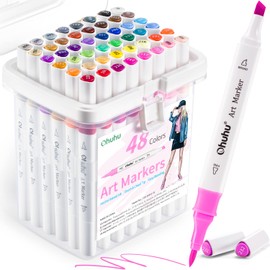 Ohuhu Marker Pen, Brush Type, 48 Colors, Beginner, Brush & Bold Point, Illustration Marker, Triangle Axis, Includes Blender Pen, Alcohol Marker, Set A