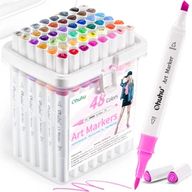 Ohuhu Marker Pen, Brush Type, 48 Colors, Beginner, Brush & Bold Point, Illustration Marker, Triangle Axis, Includes Blender Pen, Alcohol Marker, Set A