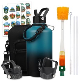 YONICOER Insulated Water Bottle 87oz,Triple Wall Vacuum Stainless Steel(Dishwasher Safe),Leak Proof & Non-BPA,Flask Jug with Paracord Handle & Straw Spout Lids Sports Gradient indigo blue/black