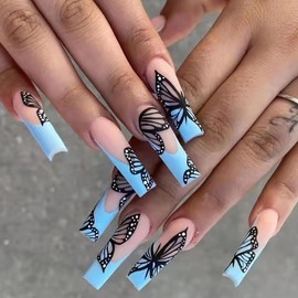 Press on Nails Long Square Length, Full Cover Reusable Ballerina Fake Nails Kits, Glue On Nails with Butterfly Designs, Artificial Fingernails Acrylic Fake Nails for Women, Stick on Nails Coffin Shape