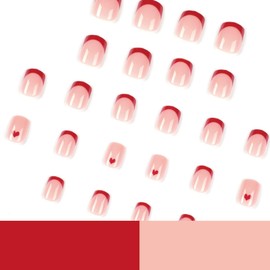 24 Pieces Heart Artificial Nails - Red Short Press On Nail French Fake Nail - Short Nail for Sticking - Fake Nails Artificial Nails with Nail Glue (Red French with Heart)