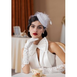 Zivyes Fascinators Hats 20s 50s Vintage Hat for Women Pillbox Hat Wedding Hat with Veil Costume Headwear (White)
