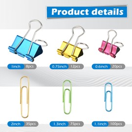 Juego de clips de papel coloridos, 250 clips de papel de colores variados, tamaño grande, mediano y pequeño, clips de papel para papeleo, suministros escolares y artículos esenciales de computadora
