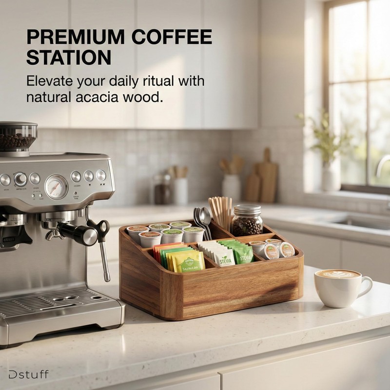 Dstuff Acacia Wood Coffee Station Organizer for Countertop, Tea Organizer