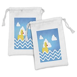 Ambesonne Rubber Duck Fabric Pouch Set of 2, Yellow Childrens Toy on Wavy Water Inspired Stripes Clouds, Small Drawstring Bag for Toiletries Masks and Favors, 9" x 6", Yellow White Blue