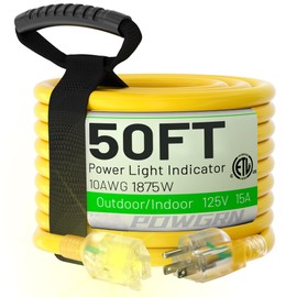 POWGRN 50 Ft 10/3 Outdoor Extension Cord Waterproof Heavy Duty 10 Gauge 3 Prong, Flexible Cold-Resistant Long Power Cord Outside with Lighted Indicator End, 15Amp 1875W SJTW Yellow ETL Listed