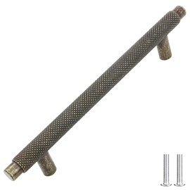 Decoranddecor Aurelia - Round Knurled Cupboard Handles | T-Bar Cabinet Handles | Kitchen Cupboard Pulls | Furniture Knobs - Antique Brass - 160mm Hole Centre Distance