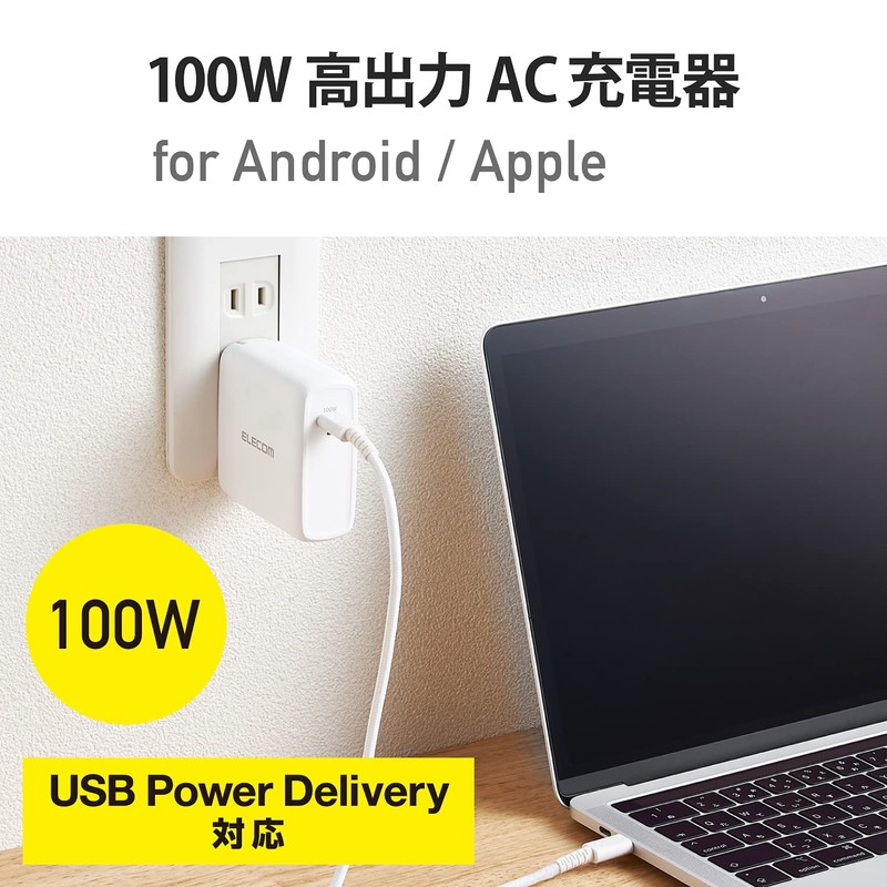 Elecom EC-YAC04WH USB Wall Charger, 100W (USB PD Compatible), Type