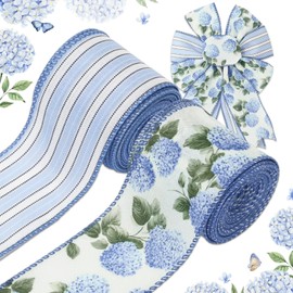 AnyDesign Hydrangea Flower Wired Edge Ribbon Blue Floral Stripe Craft Ribbons Summer Spring Fabric Ribbon for Wreath Bow DIY Wrapping Party Decor, 2 Rolls, 20 Yard