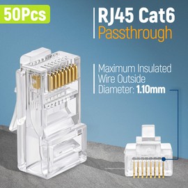 Everest Media Solutions Conectores Pass Through RJ45 Cat6 - Paquete de 50 | Modular Plug para Cable de Ethernet UTP Sólidos o Trenzados