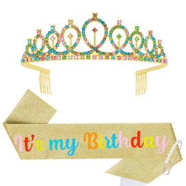 Araluky Birthday Crown and Sash for Women & Glitter Its My Birthday Sash Birthday Tiara for Women Birthday Crowns for Women Birthday Queen Sash and Tiara for Parties Favors Decorations Gift (Colorful)