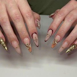 Medium Press on Nails Almond Fake Nails Metal Star Glue on Nails with Rhinestones Design French Tip False Nails Full Cover Gold Rose Stick on Nails Nude Glossy Acrylic Nails for Women Manicure 24Pcs