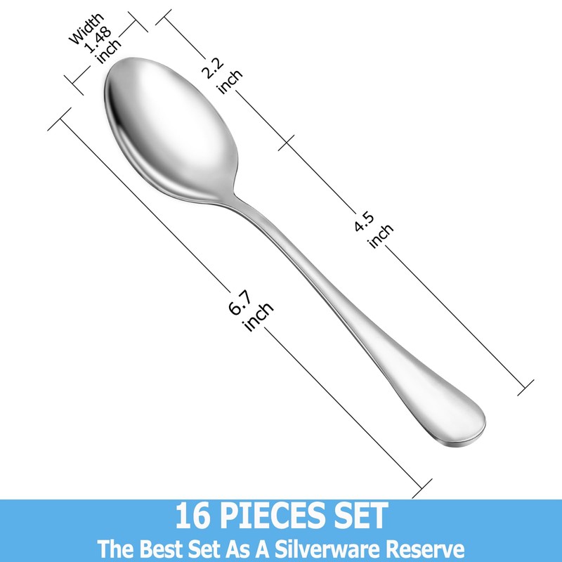 Teaspoon Set,16 Piece 6.7" Spoons Silverware, Premium Food Grade Stainless