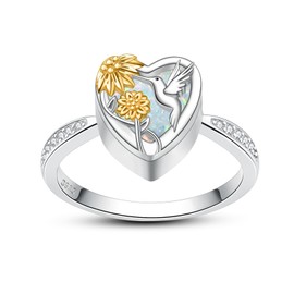 925 Sterling Silver Hummingbird Urn Rings for Ashes Keepsake Heart Urn Ring Memorial Cremation Jewelry for Women, Sterling Silver, Cubic Zirconia