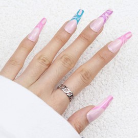 BABALAL Coffin Press on Nails Long Fake Nails with Nail Glue Glossy Glue on Nails 24pcs Ballerina Acrylic Nails French Full Cover False Nails for Women and Girls