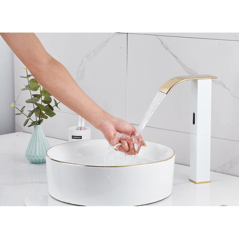 Touchless Bathroom Vessel Faucet Electronic Sensor Automatic Waterfall White Gold