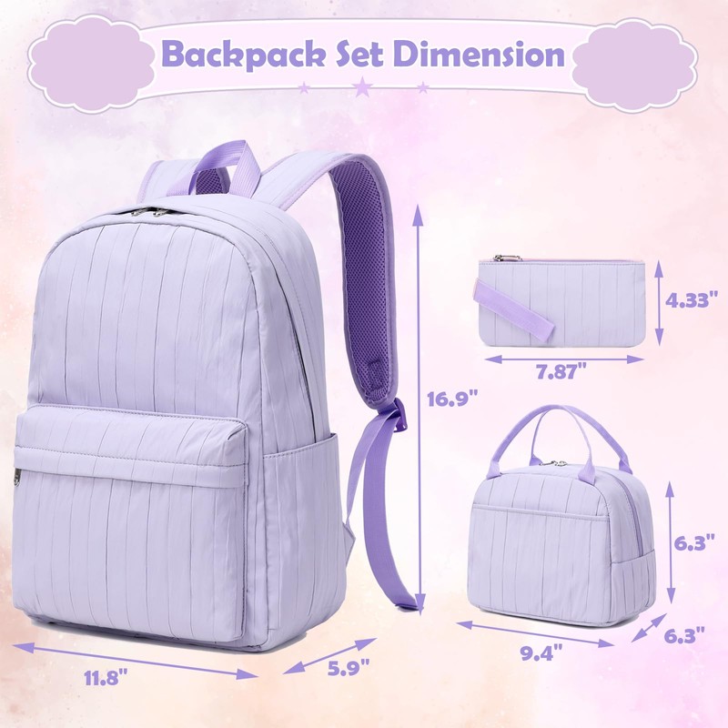 Kimwadalh Girls Bookbag with Lunch Box for School, 3PCS Purple
