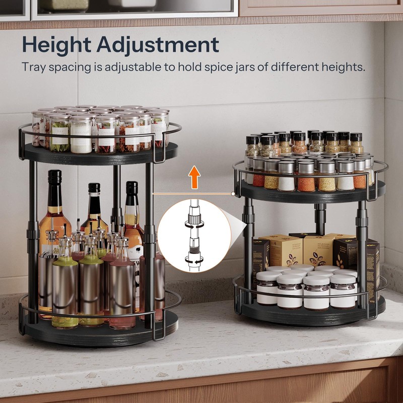 HOOBRO Lazy Susan Organizer Spice Rack, 2-Tier Height Adjustable Rotating