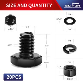 1/4-20 x 1/2" Hex Head Screw Bolt, Nuts, Flat & Lock Washers, 20Pcs 18-8 (304) Stainless Steel, Fully Threaded, Black Oxide by SG TZH
