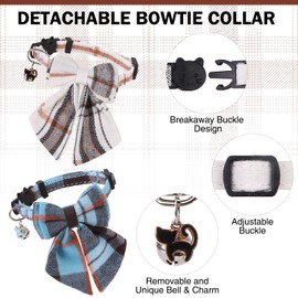 DILLYBUD Cat Collar with Bells Breakaway, Bowtie Cat Collar for Boy Girl Cats with Removable Bow Tie Collar, Cute Plaid Kitten Collar with Bell & Pendant Adjustable, 2 Pack Blue Beige Puppy Necklace