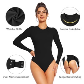 Yaavii Body Women's Short Sleeve Long Sleeve Shaping Bodysuit with Crew Neck for Women Shapewear Thong, #01 Black-Long Sleeve