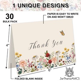 JarThenaAMCS 30 Pack Wildflower Thank You Cards Vintage Flower Greeting Cards Floral Blank Note Cards with Kraft Envelope Sticker for Birthday Wedding Bridal Shower, 4 x 6 Inch