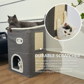 CATBOAT 2-Storey Cat House for Indoor Cats Bed, Covered Beds & Furniture with Scratch Pad and Hideaway Cave, Cute Modern Condo for Multi Small Pet Large Kitten Kitty, Grey