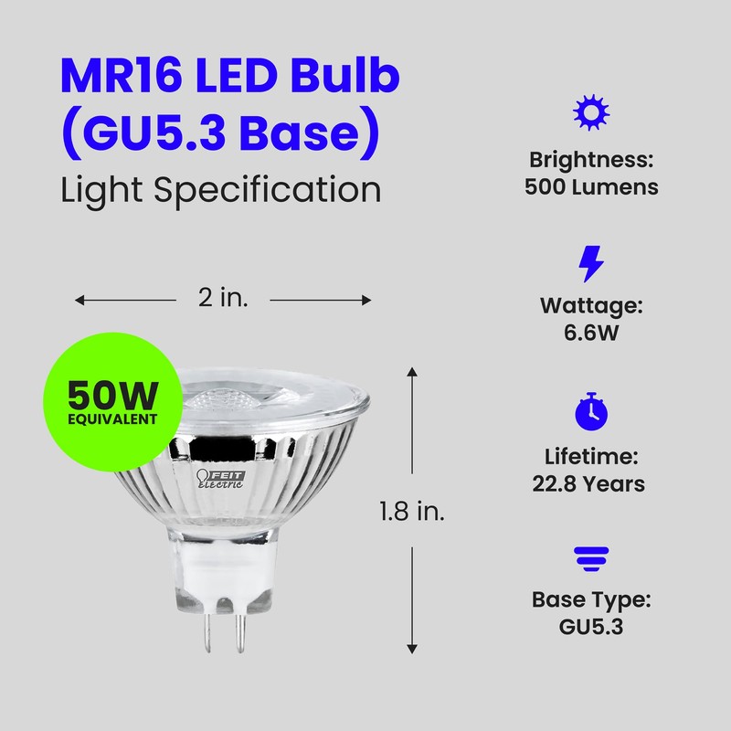 Feit Electric 6W LED Bulbs with 50W Equivalent, Dimmable, MR16