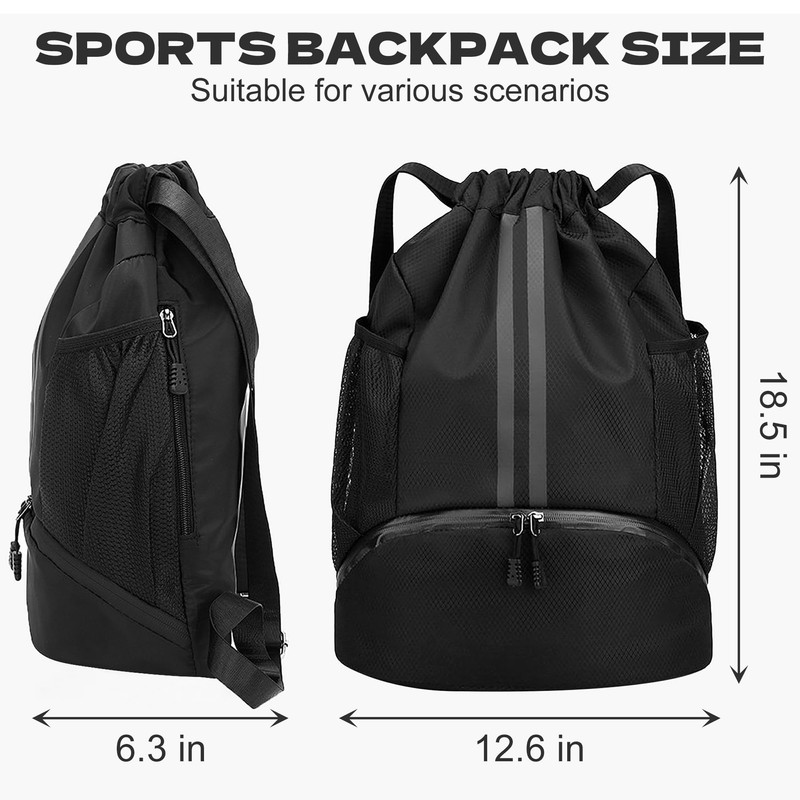 dulvus Black Drawstring Gym Bag, Waterproof Drawstring Backpack with Side