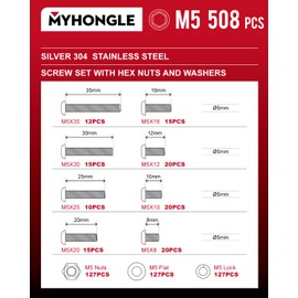 508 Pcs M5 Screws Set, Bolts and Nuts, Assorted Nuts and Bolts Sets, Hex Socket Head Cap Screw with Washers, Pan Round Head Machine Screws Assortment Kit (508Pcs M5)