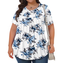 Womens Plus Size Tops Tunic Short Sleeve Crew Neck Shirts Casual Soft Blouse Blue Rose 4X
