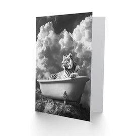 Artery8 Greeting Card Big Cat Lover Tiger Bathtub Black White Surreal Blank For Him Or Her Art Birthday Card