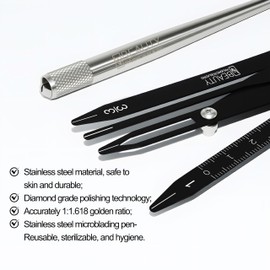 Eyebrow Ruler Brow Compass Golden Ratio Stencil Flexible Arms Microblading Tattoo Eyebrow Positioning Measurement Calipers Foldable Makeup Symmetrical Tool with Stainless Steel Microblading Pen Set