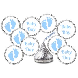324 Baby Boy Blue Footprints Kisses Labels for Baby Shower Or Baby Sprinkle Party Or Event Decorations, Stickers, Wrappers, Favors. Made in USA