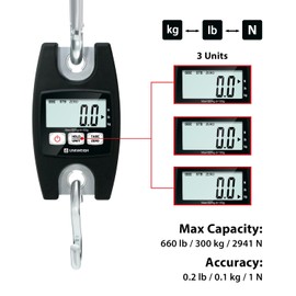 UNIWEIGH Digital Hanging Scale 660lb/300kg,Handheld Mini Industrial Crane Scales with Hooks,Luggage Scales with LCD/Hold/Tare Functions for Weighing,Farm Hunting,Fishing Outdoor,Suitcases(Black)