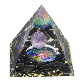 mookaitedecor Amethyst Stone Crystal Pyramid with Obsidian Tumbled Stones Crystal Ball and Tree of Life Symbol, Chakra Energy Generator for Protection Reiki Healing Meditation Office Home Decoration
