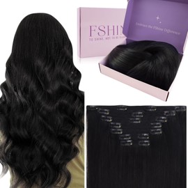 Fshine Hair Clip in Extensions - Straight Human Hair, Remy, Real Natural Black for Women - 24 Inch