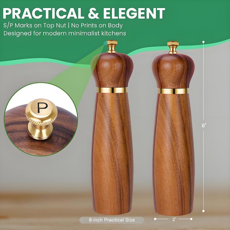 Wooden Salt and Pepper Grinder Set, 8-Inch Manual Pepper Mill
